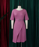 Fashionable High-Waisted Pleated Dress With Five-Quarter Sleeves