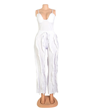 Fluffy Lace Halter Top And Pants Set With Tassels Details