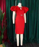 Round Neck Ruffled Sleeve Diamond Studded Halter Dress