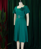 Square Neck High Waisted Large Hem Dress in Solid Color
