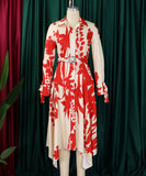 Printed Red Cowl Neck Long Sleeve Dress Irregular Pattern