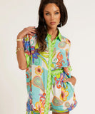 Positioned Print Open Cardigan Shirt And Short Pants Set