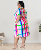 Plus Size Checkered Shirt Dress Short Sleeve Cowl Neck Polyester