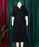 V Neck Short Sleeve Cinched Waist A Line Dress
