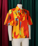 Printed Lace-Up Short-Sleeved Shirt with Puffy Sleeves for Women