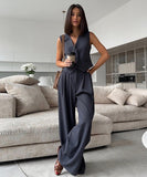 V Neck Sleeveless Vest and Wide Leg Trousers Set in Grey Khaki