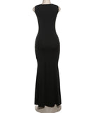 Solid Color Pleated High Waisted Fitted Long Black Dress