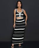 Bohemian Color-Blocked Knitted Vest Top and Skirt Set for Women