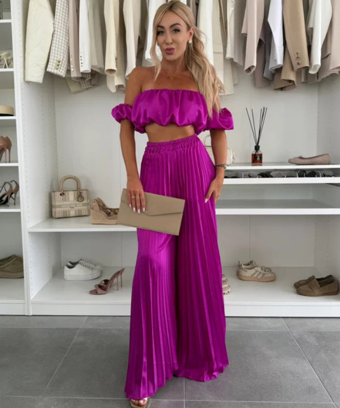 Elegant Plunging Pleated Pants Set Solid Colors Everyday