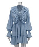 Elegant V-Neck White Dress with Flared Sleeves and Ruffled Details