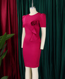 Solid Color Short Sleeved Wraparound Lace Ruffled Dress