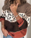 Classic Womens Leopard Patchwork Relaxed Knit Sweater