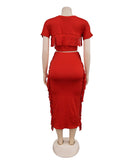 A Two-Piece Set of Solid-Color Fringed Round-Neck Short-Sleeve Long Dress