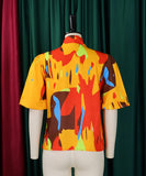 Printed Lace-Up Short-Sleeved Shirt with Puffy Sleeves for Women