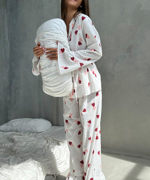 CozyNest Heart-Shaped Printed Cotton Pajamas – Soft Breathable Comfort