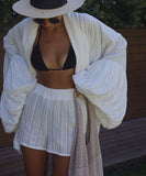 Loose Belted Long Sleeve Cardigan and Short Pants Set