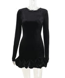 Velvet Round Neck 3D Pleated Dress With Long Sleeves Black