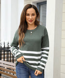 Relaxed Patchwork Striped Sweater With Round Neck Casual