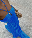 Solid Color Plunging Pleated Sleeveless Halter Dress for You