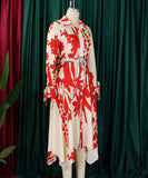 Printed Red Cowl Neck Long Sleeve Dress Irregular Pattern