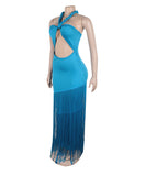 Fringed Sleeveless Long Dress with Flowing Skirt in Black Blue