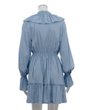 Elegant V-Neck White Dress with Flared Sleeves and Ruffled Details