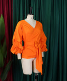 Off Shoulder Cross Belted V Neck Balloon Sleeve Sexy Shirt