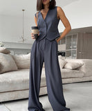 V Neck Sleeveless Vest and Wide Leg Trousers Set in Grey Khaki
