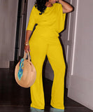 Chic Two-Piece Straight-Leg Suit with Asymmetrical Sleeve Design