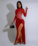 Sequined High-Neck Evening Dress Long-Sleeve High-Slit