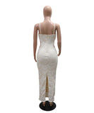 Sequined Beaded Strappy Evening Dress with Elegant Side Slit