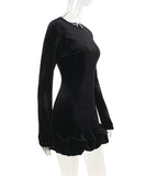 Velvet Round Neck 3D Pleated Dress With Long Sleeves Black