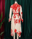 Printed Red Cowl Neck Long Sleeve Dress Irregular Pattern