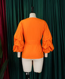 Off Shoulder Cross Belted V Neck Balloon Sleeve Sexy Shirt