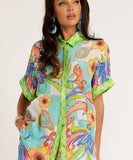 Positioned Print Open Cardigan Shirt And Short Pants Set