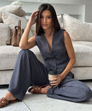 V Neck Sleeveless Vest and Wide Leg Trousers Set in Grey Khaki