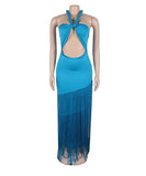 Fringed Sleeveless Long Dress with Flowing Skirt in Black Blue