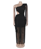 Asymmetric Single Shoulder Fringed Long Dress in Black Gold Blue