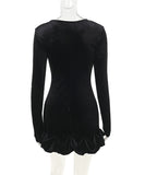 Velvet Round Neck 3D Pleated Dress With Long Sleeves Black