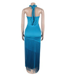 Fringed Sleeveless Long Dress with Flowing Skirt in Black Blue