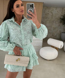 Lace Cutout Casual Long Sleeve Two Piece Polyester Set