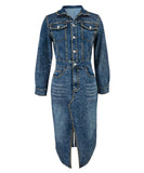 Stylish Denim Long Dress with Slit and Button-Down Collar