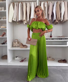 Elegant Plunging Pleated Pants Set Solid Colors Everyday