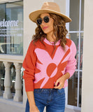 Relaxed Floral Patchwork Pullover Sweater Long Sleeve