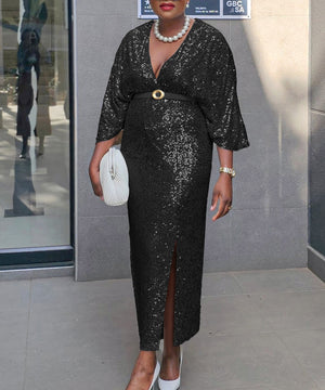 V-Neck Sexy Slimming Sequin Plus Size Dress for Stunning Looks