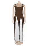 Sexy Sheer Wide-Leg Knitted Halter Top Color-Block Pants