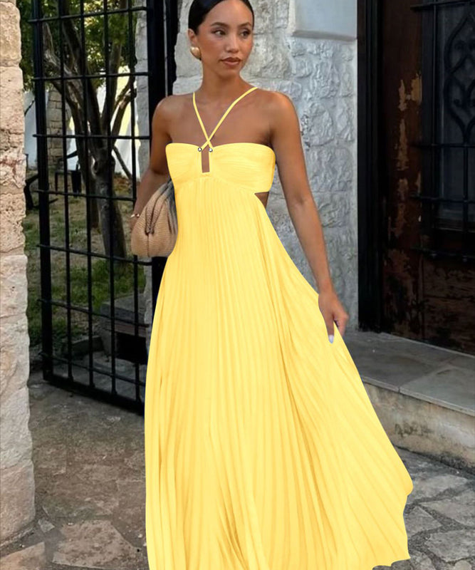 Solid Color Plunging Pleated Sleeveless Halter Dress for You