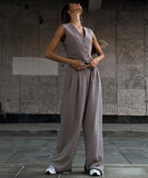 V Neck Sleeveless Vest and Wide Leg Trousers Set in Grey Khaki