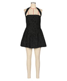 Fitted One Shoulder Halter Dress With Puff Sleeves In Green