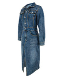 Stylish Denim Long Dress with Slit and Button-Down Collar